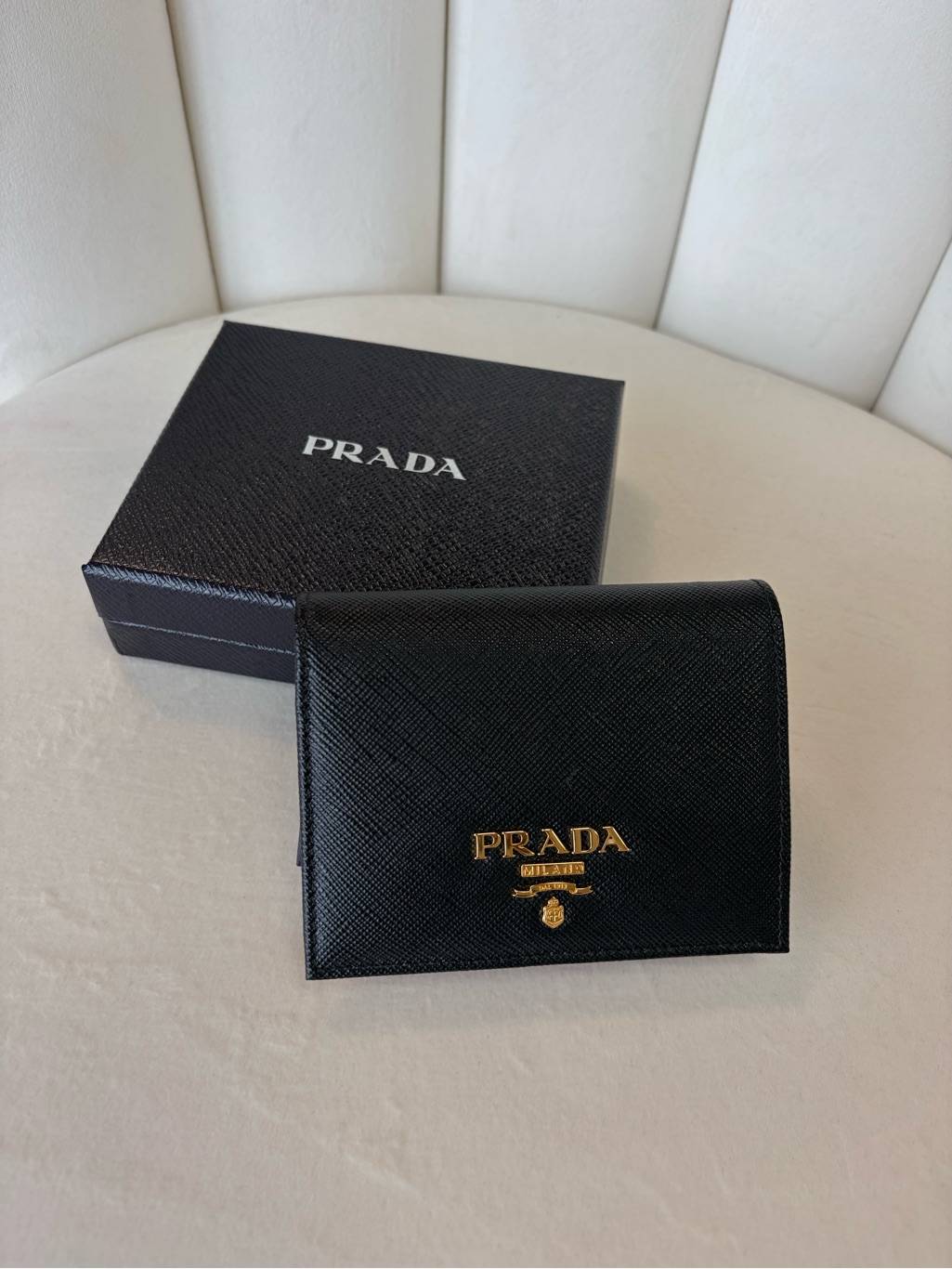 Prada Black Saffiano Leather Card Holder With Gold Logo